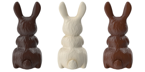 Three chocolate bunnies made from black, milk and white chocolate, back view isolated on white. 3D illustration