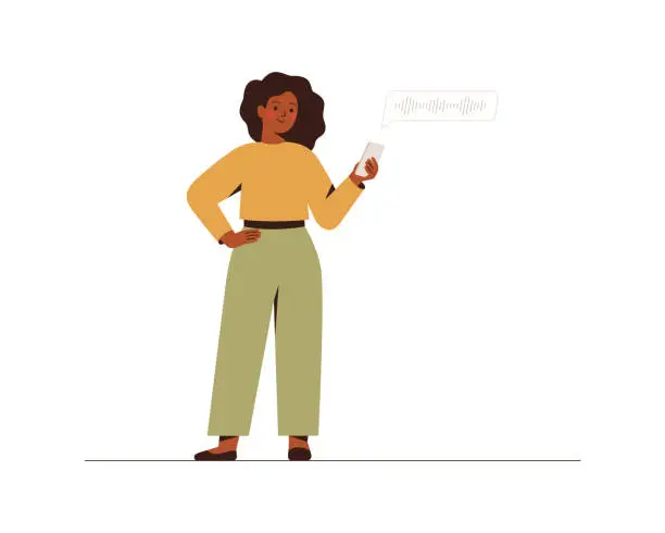 Vector illustration of Black businesswoman listens to the voice message on a mobile phone. African American female entrepreneur communicates by an audio chat with colleagues.