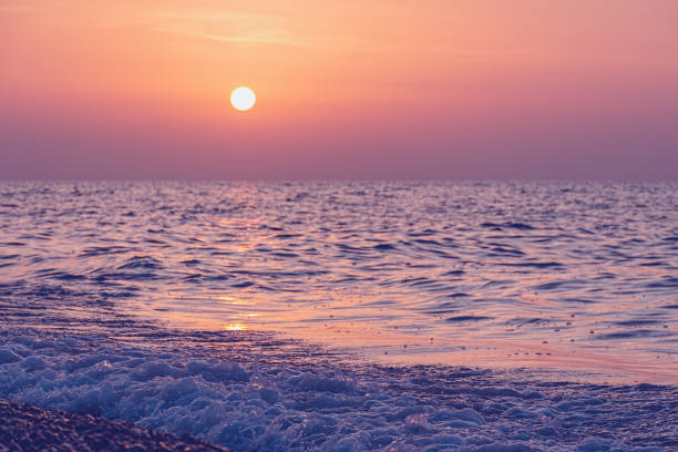 istock Purple sunset over sea beach 1311086819