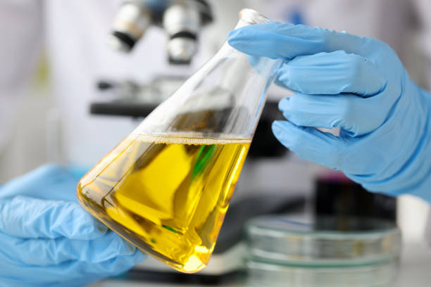 istock Scientist chemist holding glass flask with yellow liquid in front of microscope closeup 1311088227