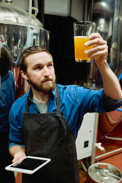istock Young bearded brewery master holding glass of beer and evaluating its visual characteristics 1311088951