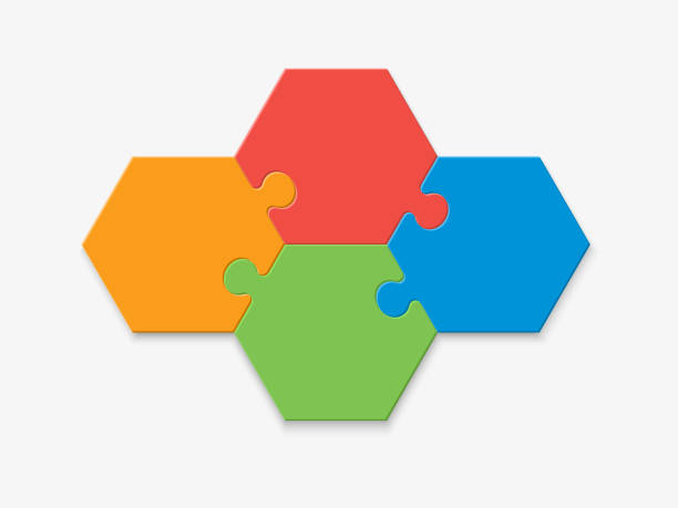 Hexagonal puzzles 6 Four pieces of a hexagon puzzle. Hexagonal mosaic infographics. puzzle patterns stock illustrations