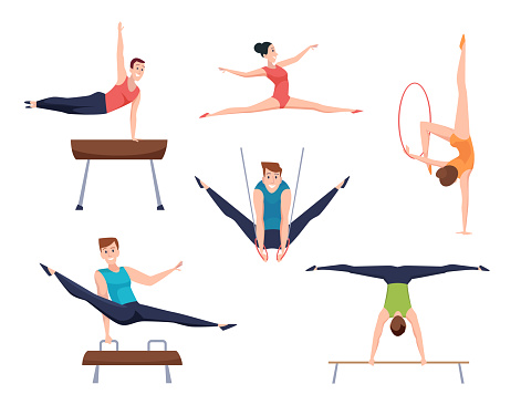 Gymnasts. Athletes characters acrobatic moves fitness training gymnastic elements for woman and man exact vector sport people. Fitness athlete, training exercise acrobatic, sport gymnast illustration
