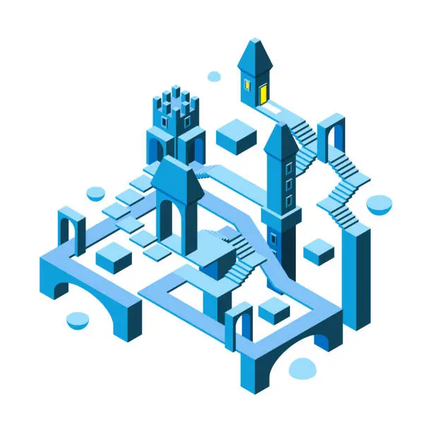 Vector illustration of Isometric maze building. 3d architectural object big building with many impossibile ways and doors stairs towers garish vector maze illustration