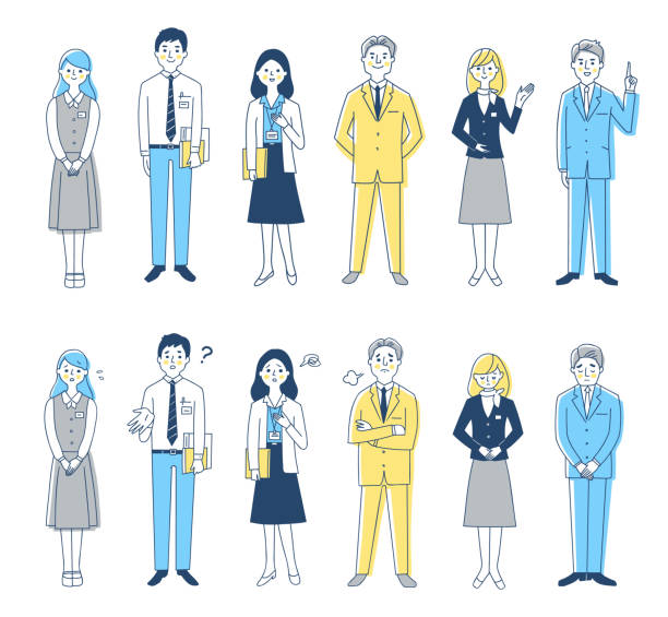 Two patterns of business people with negative facial expressions and happy facial expressions People, Japanese, business people, white-collar workers, portraits, variations, facial expressions, whole body full length illustrations stock illustrations