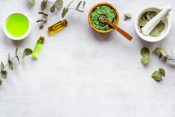 istock Layout of natural spa cosmetic products with eucalyptus. Top view 1311092808