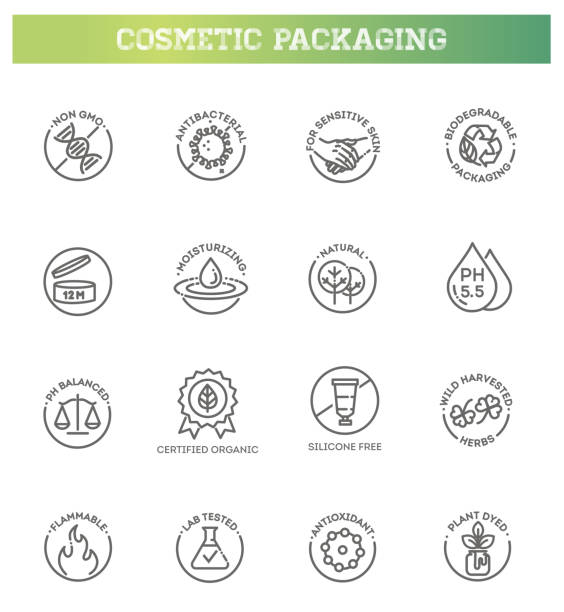 naturalne kosmetyki organiczne, wegańskie symbole żywności. cienkie znaki do pakowania - antioxidant stock illustrations