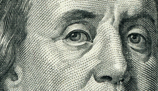 portrait fragment of benjamin franklin close-up from one hundred dollars bill - us paper currency fotos imagens e fotografias de stock