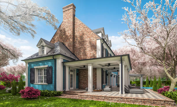 istock 3d rendering of modern classic house in colonial style in spring day 1311094264