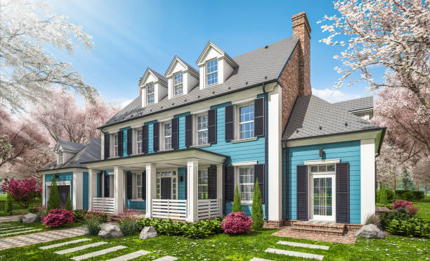 istock 3d rendering of modern classic house in colonial style in spring day 1311094296