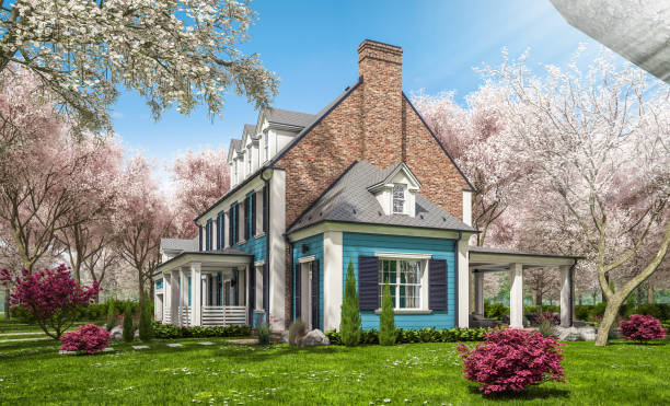 istock 3d rendering of modern classic house in colonial style in spring day 1311094309