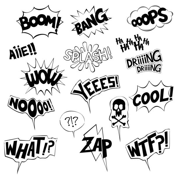 Black and white cartoon onomatopoeia collection Cartoon onomatopoeia collection : boom, splash, yes, no, wtf, zap, cool, bang,what and dring. interview event drawings stock illustrations