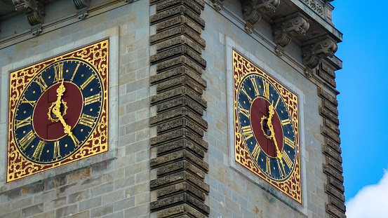 Clock tower of the famous historic town hall in the city of Hamburg