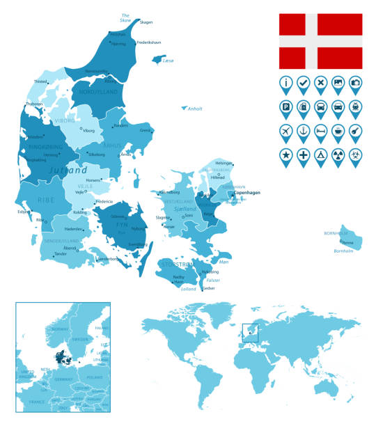 Denmark detailed administrative blue map with country flag and location on the world map. Map link URL:
https://legacy.lib.utexas.edu/maps/world_maps/united_states_foreign_service_posts-september_2011.pdf.
Some urban locations were taken from:
https://legacy.lib.utexas.edu/maps/world_maps/txu-oclc-264266980-world_pol_2008-2.jpg.
The image was created in Adobe Illustrator in eps10 format aalborg stock illustrations