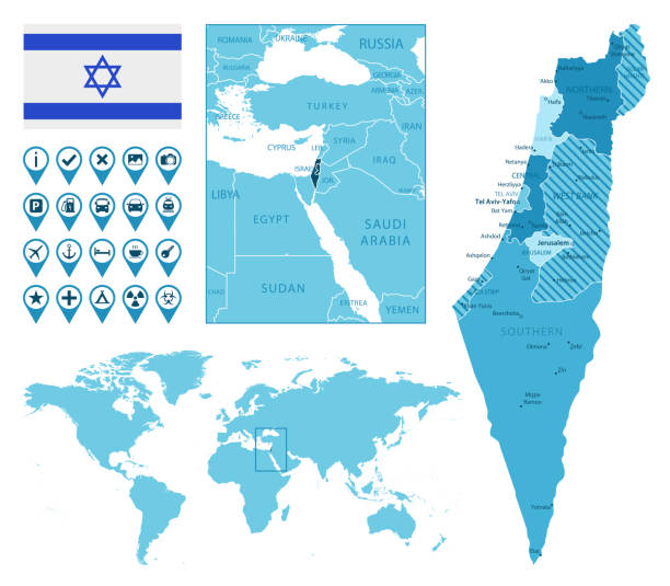 Israel detailed administrative blue map with country flag and location on the world map. Map link URL:
https://legacy.lib.utexas.edu/maps/world_maps/united_states_foreign_service_posts-september_2011.pdf.
Some urban locations were taken from:
https://legacy.lib.utexas.edu/maps/world_maps/txu-oclc-264266980-world_pol_2008-2.jpg.
The image was created in Adobe Illustrator in eps10 format israel egypt border stock illustrations