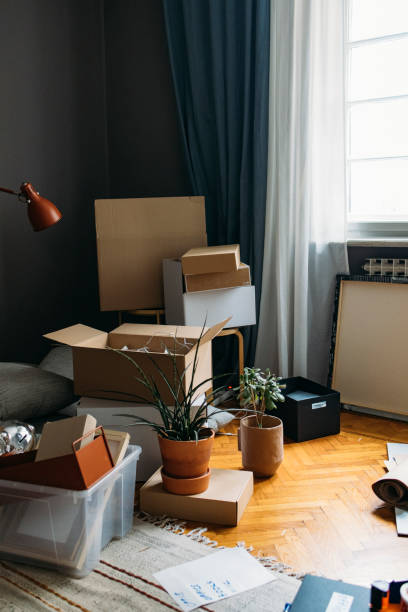 istock Moving in: Living Room Corner Filled with Cardboard Boxes and Containers- Still Life 1311096912