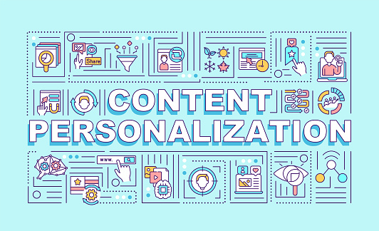 Content personalization word concepts banner. Creating unique product. Infographics with linear icons on blue background. Isolated typography. Vector outline RGB color illustration