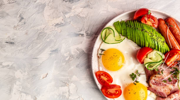 istock English breakfast. Fried egg, sausage, bacon, avocado, beans and toast on white background Top view, overhead, banner 1311097292