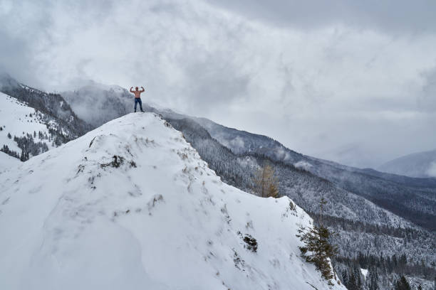 istock Shirtless man in the mountains winter time 1311097726