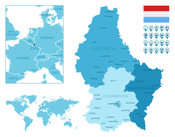 luxemburg detaillierte administrative blaue karte mit landesflagge und lage auf der weltkarte. - all european flags stock-grafiken, -clipart, -cartoons und -symbole