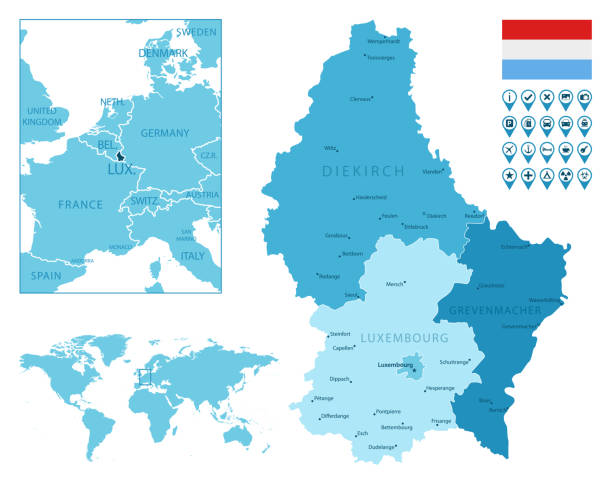 ilustraciones, imágenes clip art, dibujos animados e iconos de stock de luxemburgo detalló el mapa azul administrativo con bandera de país y ubicación en el mapa del mundo. - luxembourg map cartography flag