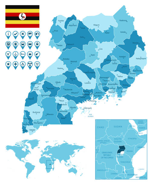 Uganda detailed administrative blue map with country flag and location on the world map. Map link URL:
https://legacy.lib.utexas.edu/maps/world_maps/united_states_foreign_service_posts-september_2011.pdf.
Some urban locations were taken from:
https://legacy.lib.utexas.edu/maps/world_maps/txu-oclc-264266980-world_pol_2008-2.jpg.
The image was created in Adobe Illustrator in eps10 format uganda stock illustrations