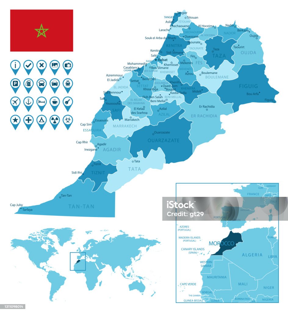 世界地図上の国の旗と場所とモロッコの詳細な行政青地図。 - イラスト素材...