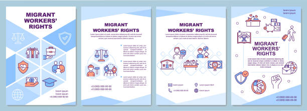 Migrant workers rights brochure template Migrant workers rights brochure template. Immigrant family support. Flyer, booklet, leaflet print, cover design with linear icons. Vector layouts for presentation, annual reports, advertisement pages poster template about migration stock illustrations