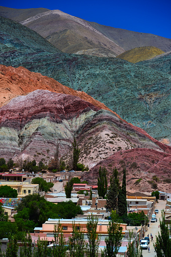 Purmamarca town and the Hill of Seven Colours (cerro de Los 7 Colores), Quebrada de Humahuaca, Jujuy, Northwest Argentina