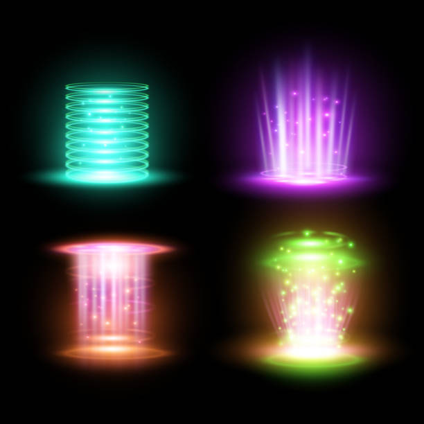 Magic yellow portal and hologram ray, beam Magic yellow portal and hologram ray, projector beam effect, radial light or ufo circle, night concert illumination, disco tube, radial teleport or club podium, energy spin. Technology and future coil tubing stock illustrations