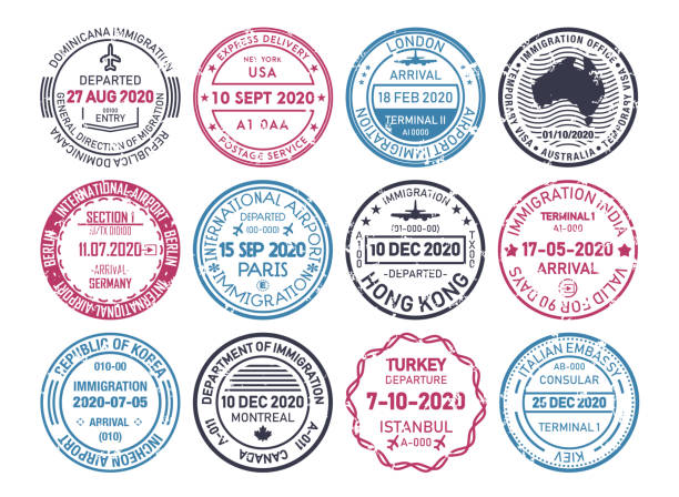 Passport visa stamps, airport immigration control vector Passport visa stamps, airport arrival immigration border control, vector mail delivery postage. Passport stamps and embassy visa to Germany Berlin, Canada Montreal and Hong Kong, Paris and Istanbul airport borders stock illustrations
