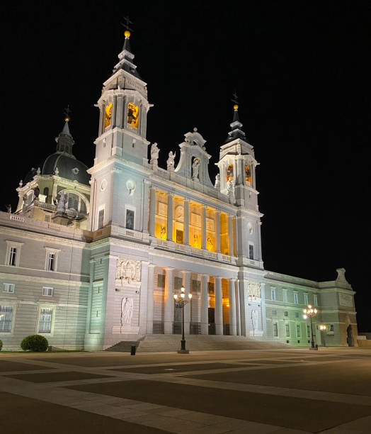 Almudena Cathedral illuminated at night stock photo