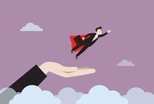 Vector illustration of A hand support a businessman to fly