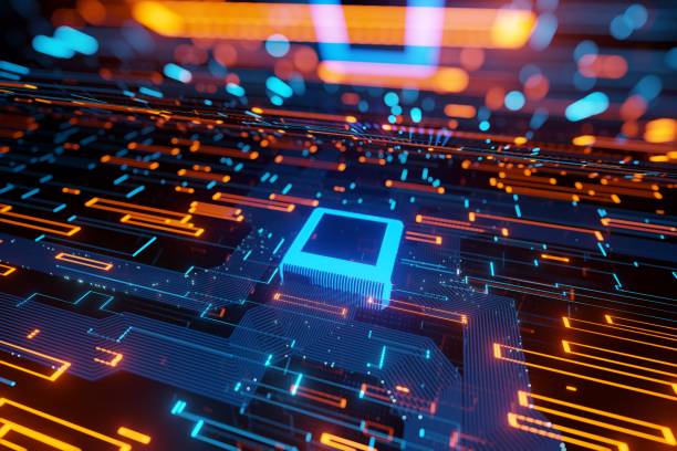 istock Abstract futuristic Microchip Data flow in a motherboard glowing light background 3D rendering 1311102812