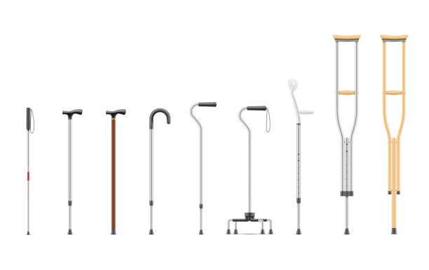 ilustraciones, imágenes clip art, dibujos animados e iconos de stock de establecer muletas realistas y dispositivos médicos de ilustración vectorial walking stick apoyo adicional - crutch