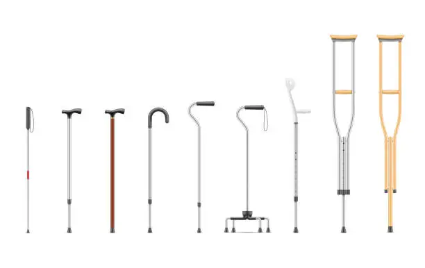 Vector illustration of Set realistic crutches and walking stick vector illustration medical devices additional support