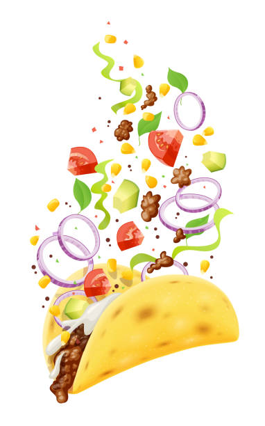 тако. традиционный мексиканский фаст-фуд. кукурузная тортилья с начинкой - real food illustrations stock illustrations
