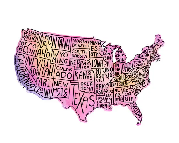 Vector illustration of USA States Map Watercolor and Ink Illustration With State Names. Vector EPS10 Illustration