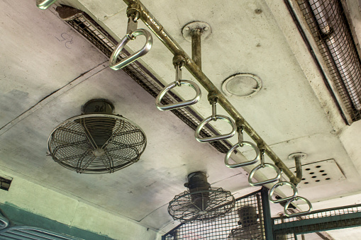16 March, 2019, Kolkata: Hanging metal straps for standing passengers in a empty local train in West Bengal India.