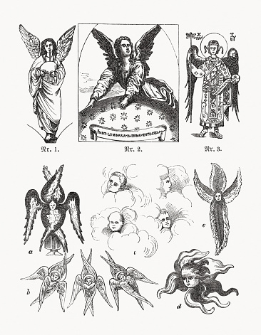 Angels, cherubim and seraphim in the visual arts, top: 1) Music-making angel, after Gaudenzio Ferrari; 2) Angel pointing to the globe (from Chigi Chapel, Santa Maria del Popolo; Rome); 3) Greek angel (11th century). Below: a) Seraphim (Greek mosaic); b) Italian cherubim (14th century); c) Cherubim, after Liberale di Verona; d) Fiery cherubim, after Raphael; e) Greek seraphim (9th century). Wood engravings, published in 1893.