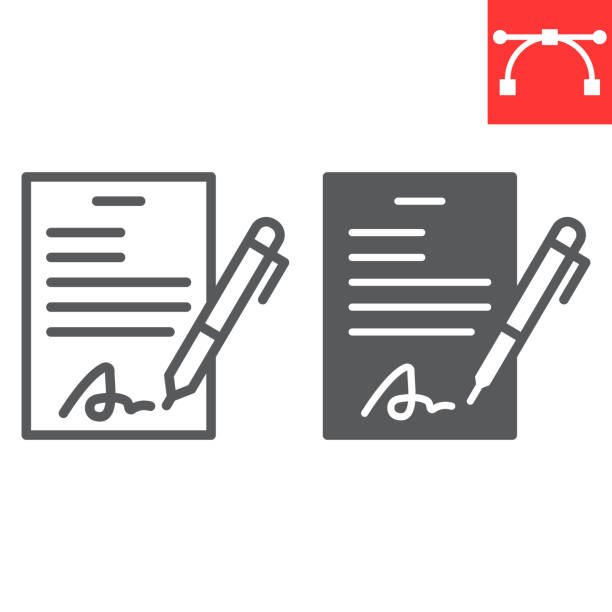 Contract line and glyph icon, document with pen and form, signature vector icon, vector graphics, editable stroke outline sign, eps 10. Contract line and glyph icon, document with pen and form, signature vector icon, vector graphics, editable stroke outline sign, eps 10 contract stock illustrations