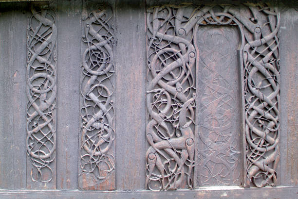 Norway, wooden viking carvings on stave church of Urnes, Unesco world heritage site in Sogn og Fjordane