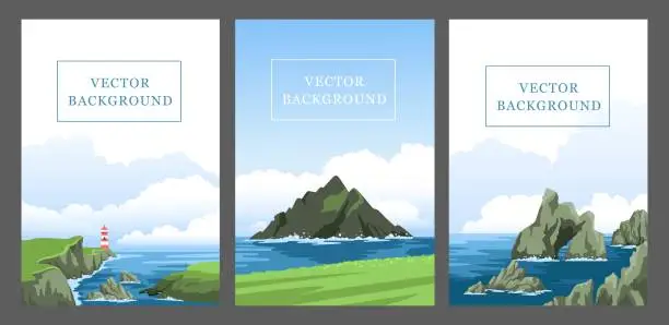 Vector illustration of Set of vertical vector background with seascapes, seasides, cliffs, coasts, coastlines, rocks.