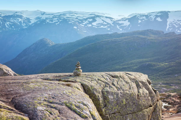 Pile of balancing stones on top of a mountain in Norway