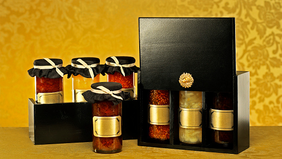 Elegant jam jars on a table set up