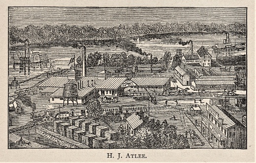 Fort Madison, Iowa, in 1886 showing lumber & shingle & saw mills, Atlee store, railroad and steamship transportation. Illustration published 1886. Source: Original edition is from my own archives. Copyright has expired and is in Public Domain.