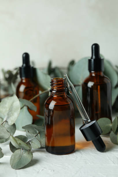 istock Bottles of eucalyptus oil and branches on white textured table 1311115206