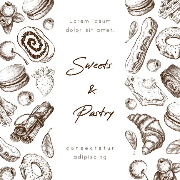 Vector illustration of Bakery or pastry shop banner background or frame with place for text. sweet desserts hand drawn vector illustration. sketch of pastries and berries. poster, menu, package design for cafe or patisserie.