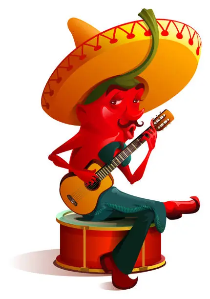 Vector illustration of Mexican chili pepper character sombrero plays. Cinco de mayo holiday