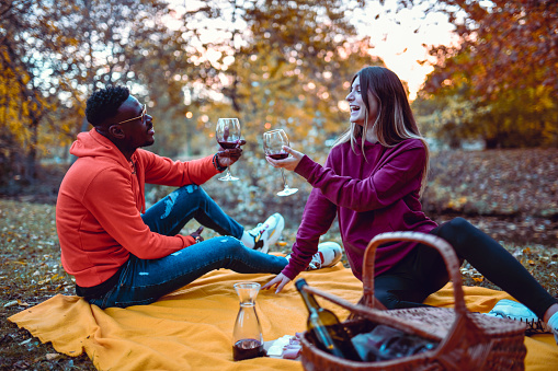 CuRomantic Picnic For African Male And Caucasian Girlfriend With Wine In Park